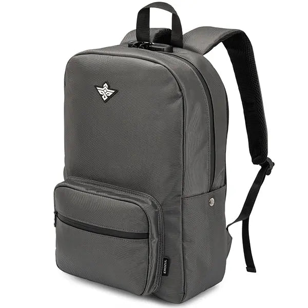 The Erozul Legend Smell Proof Back Pack by Erozul features a gray design, activated carbon lining, front zip pocket, main zip compartment, black shoulder straps, an upper front badge, and a combination lock.
